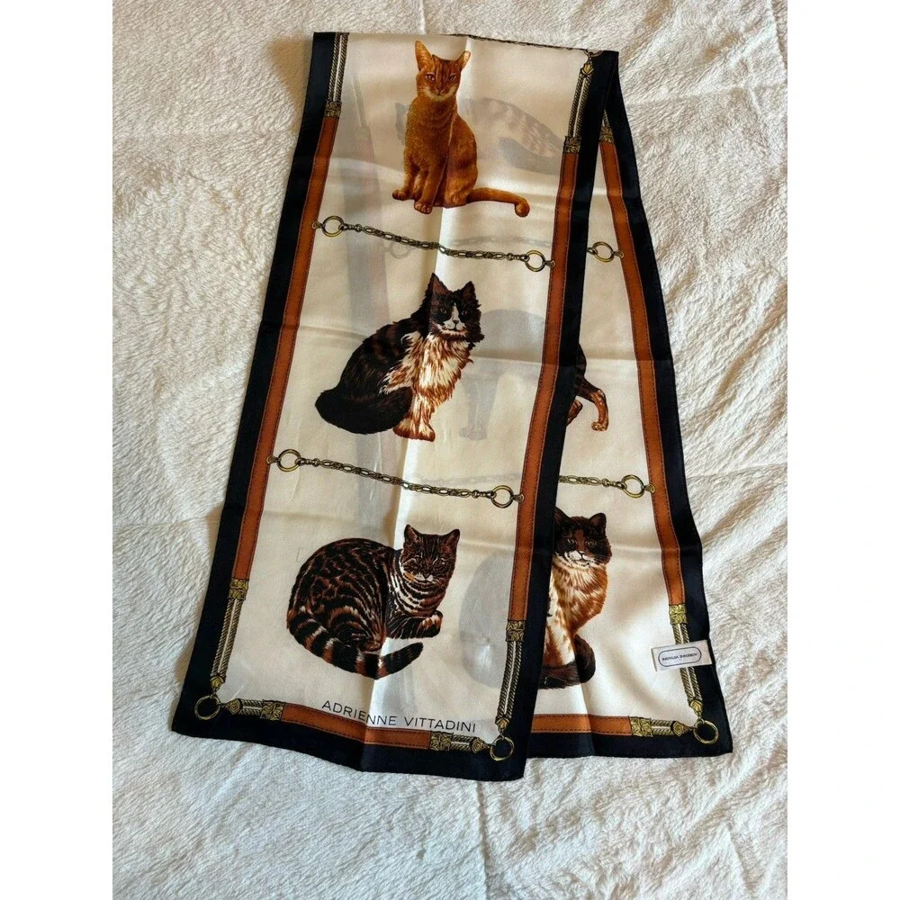 Vtg Adrienne Vittadini Silk Scarf Cat Animal Print Gold Chain Japan 11